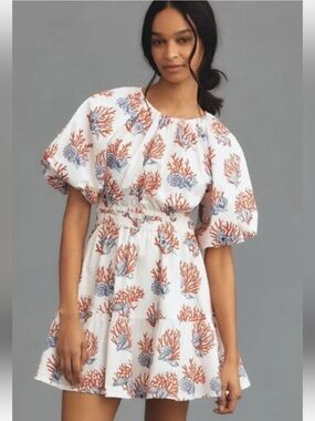 NWT retail $178 size S #Anthropologie White Coral-Print Puff Sleeve Mini Dress